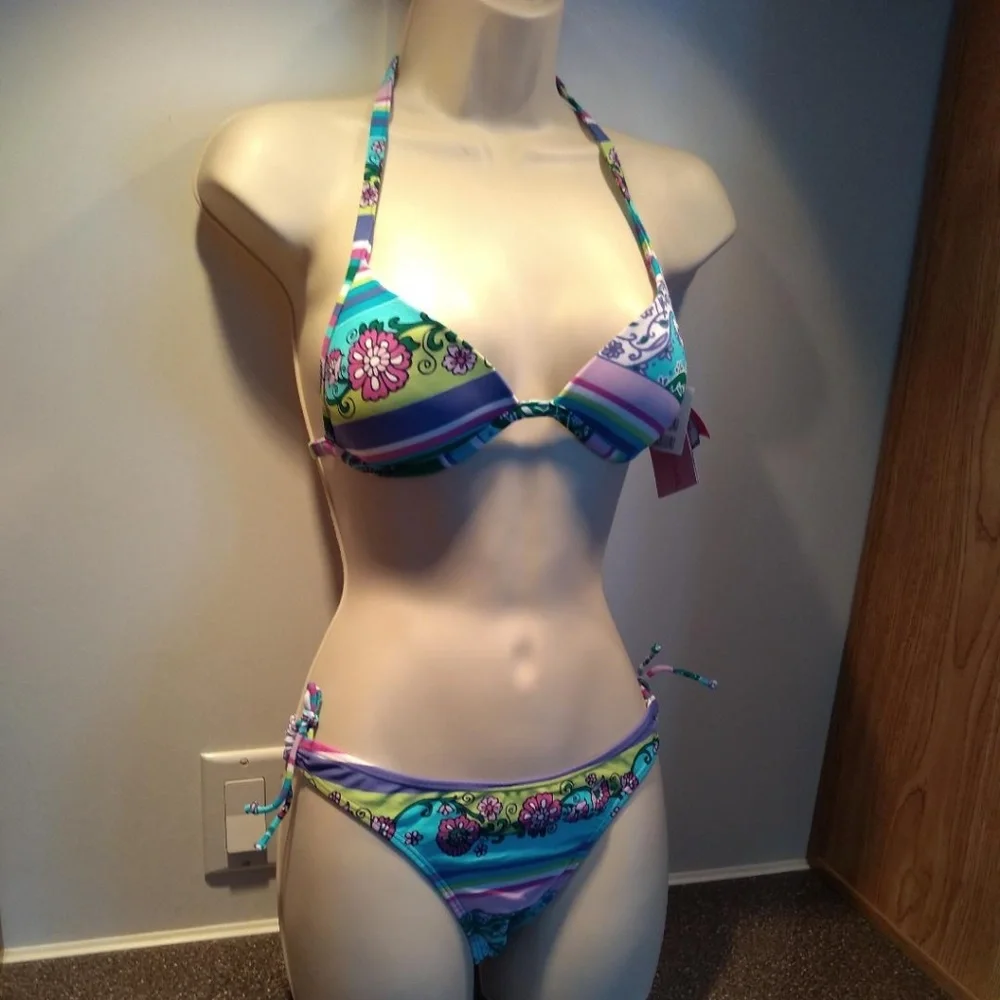 Women’s Floral Stripe Tie-Side Bikini - Teal & Purple
